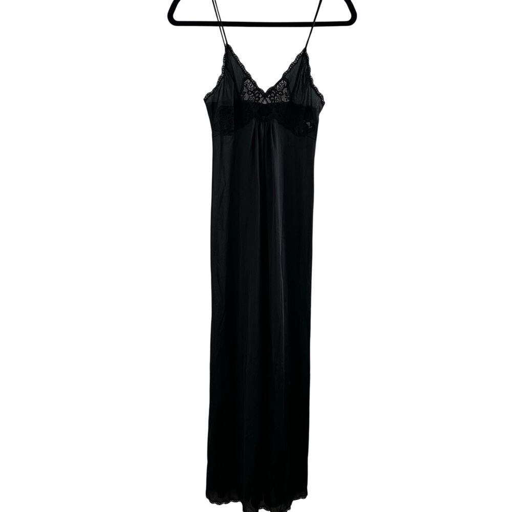 Vanity Fair V-Neck Cut Out Sheer Mesh Lace Long Night Gown Black